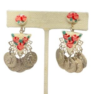 Vintage Enameled Floral & Coin Dangle Screw Back Earrings